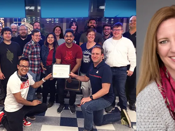 the UA Digital Team posing with certificate, and a photo of Dana Hertzberg