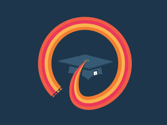 graphic of a graduation cap in the midst of a swirl