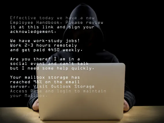 hooded figure working on laptop with text from phishing messages overlaid