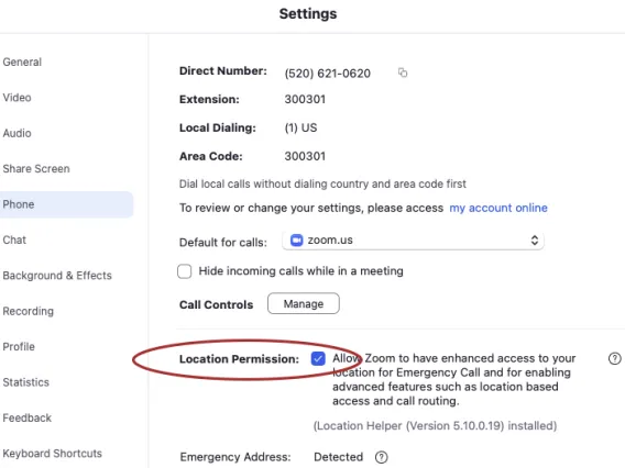 Zoom Phone location settings