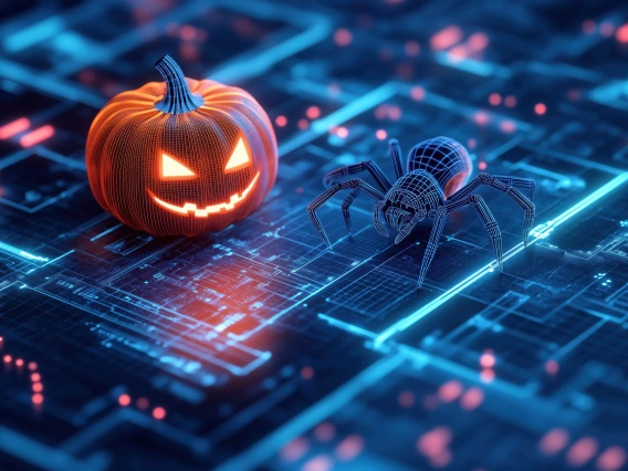 Spooky Cybersecurity - Digital Jack-o-Lantern and spider on circuit board