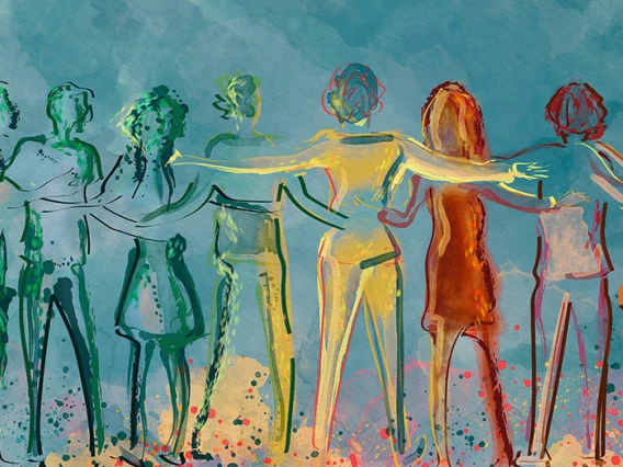 Graphic/painting of people standing in a semi circle, holding each other shoulder to shoulder.