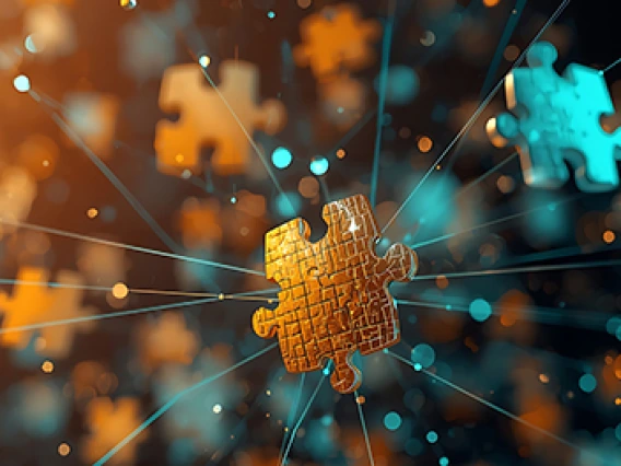 Boom Story AI Graphic - Jigsaw Puzzle pieces floating and connected to each other via a string.
