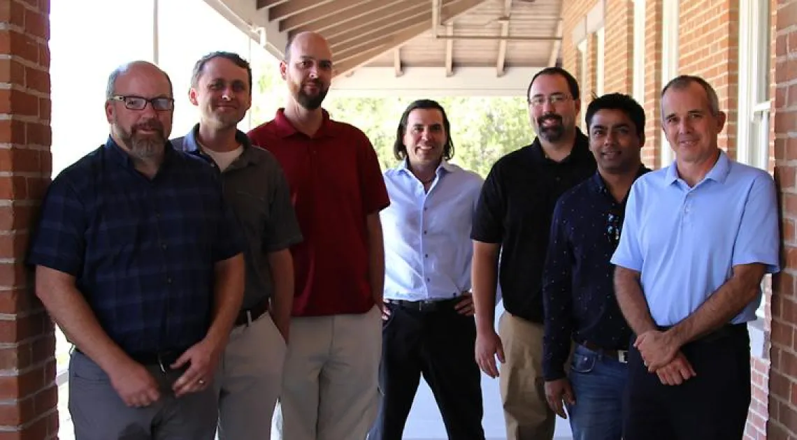 The FishTail Technologies team, from left to right: Adam Brokamp, Garrett Flora, David Baty, Alex Angeles, Mark Felix, Jayaram Timsina, and Mark Bryant. Photo credit: Paul Tumarkin/Tech Launch Arizona