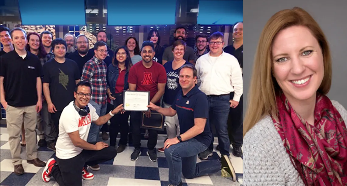 the UA Digital Team posing with certificate, and a photo of Dana Hertzberg