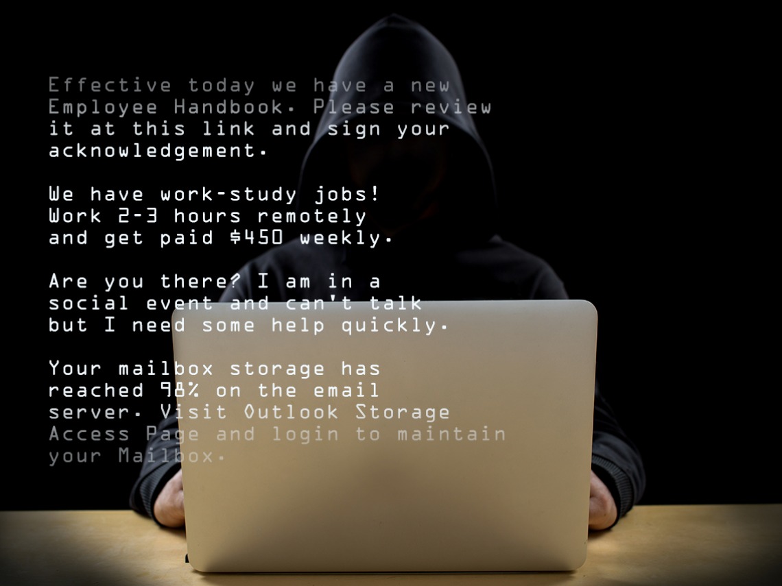 hooded figure working on laptop with text from phishing messages overlaid