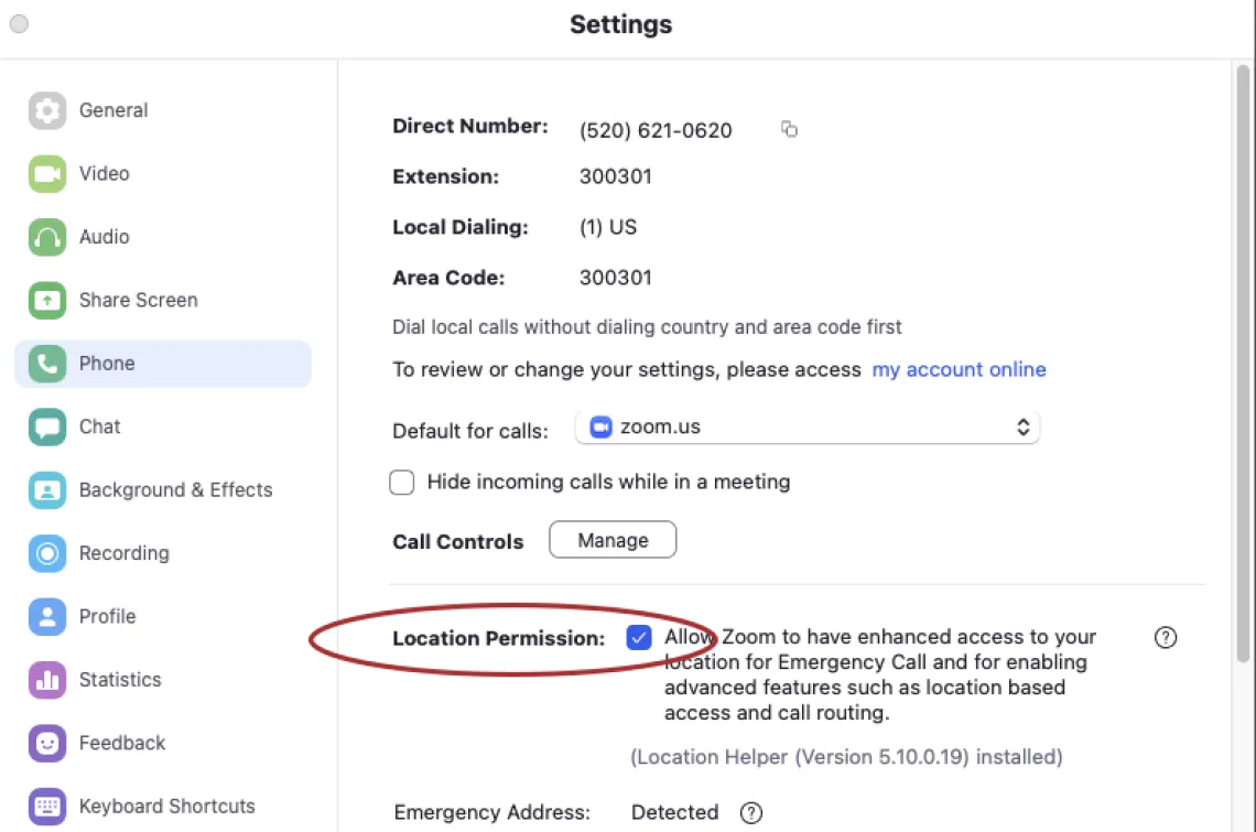 Zoom Phone location settings