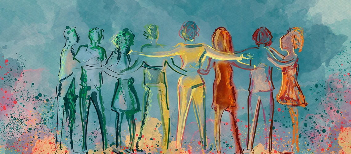 Graphic/painting of people standing in a semi circle, holding each other shoulder to shoulder.