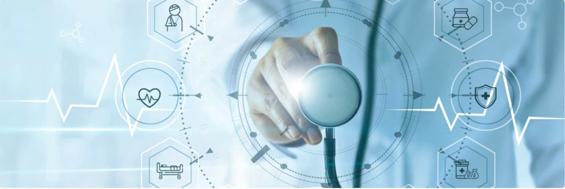 Clinic themed abstract photo, person using stethoscope on screen