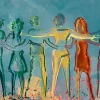 Graphic/painting of people standing in a semi circle, holding each other shoulder to shoulder.