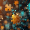 Boom Story AI Graphic - Jigsaw Puzzle pieces floating and connected to each other via a string.