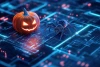 Spooky Cybersecurity - Digital Jack-o-Lantern and spider on circuit board